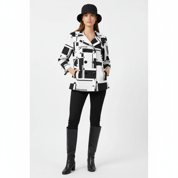 Sandro Black & White Graphic Print Button Up Pea Coat L NEW - Picture 10 of 10